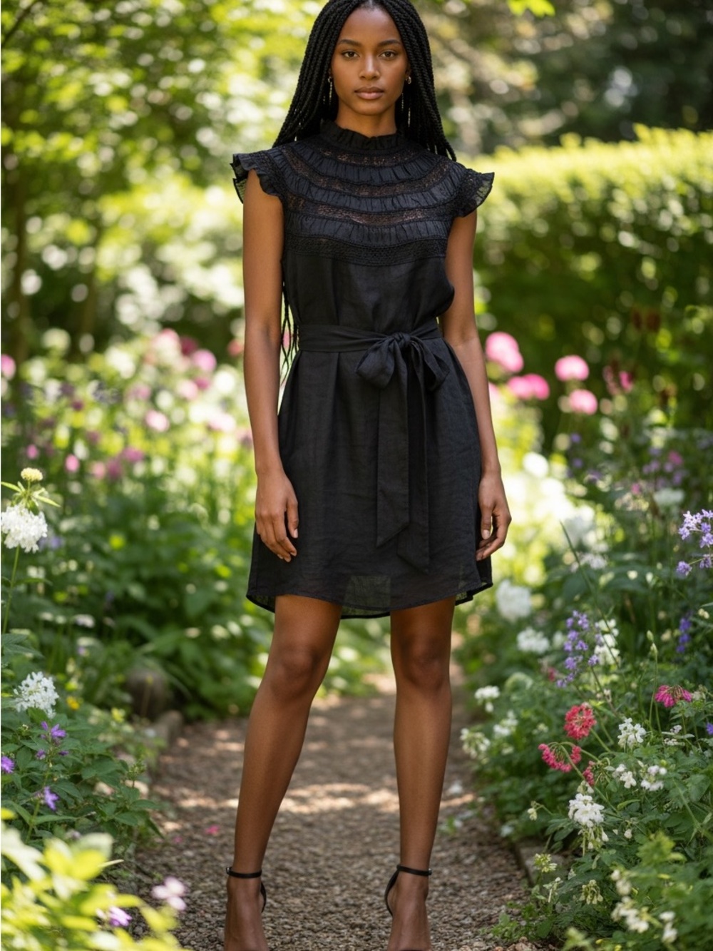 Frame size XS Black Lace inset ruffle mini dress. Nordstrom reg$398 now$75